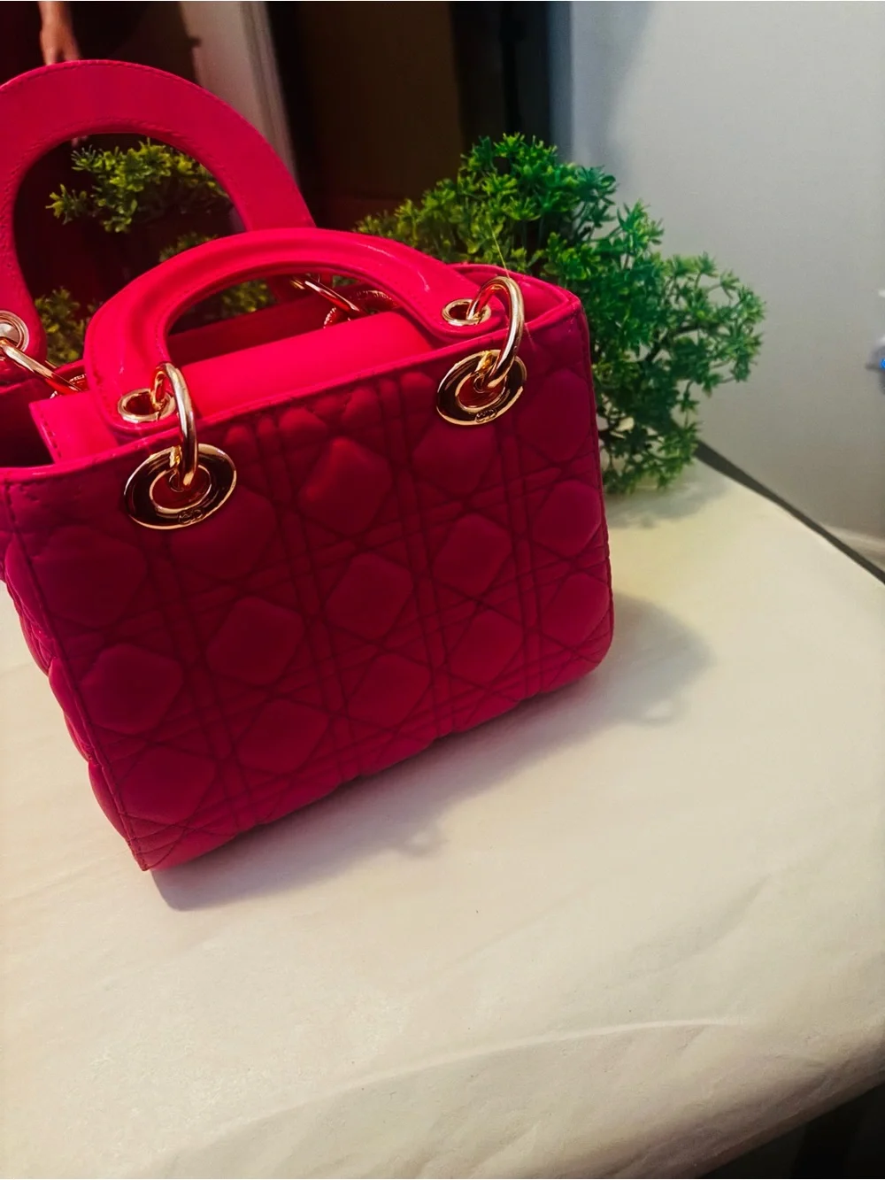 Designer-Inspired Hot Pink Quilted Tote Bag with Gold Hardware